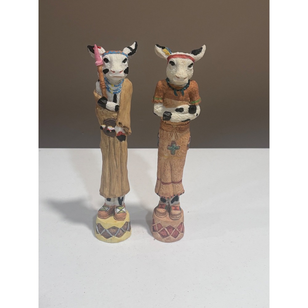 Native American Inspired Resin Cow Figurine Set Southwestern Decor 7"